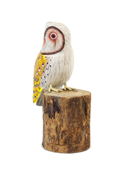 Wooden Hand Carved Yellow Barn Owl Standing on Log Statue Bird Figurine Sculpture Art Decorative Home Decor Accent Gift Handcrafted Decoration Handmade