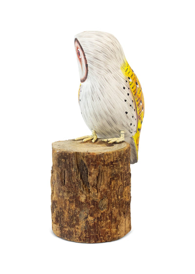 Wooden Hand Carved Yellow Barn Owl Standing on Log Statue Bird Figurine Sculpture Art Decorative Home Decor Accent Gift Handcrafted Decoration Handmade