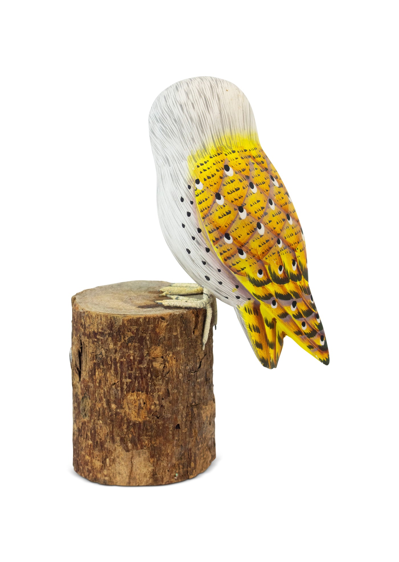 Wooden Hand Carved Yellow Barn Owl Standing on Log Statue Bird Figurine Sculpture Art Decorative Home Decor Accent Gift Handcrafted Decoration Handmade