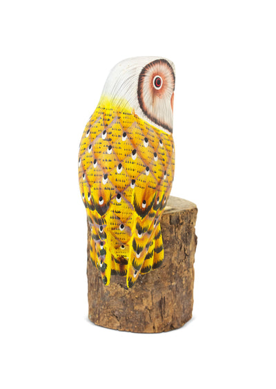 Wooden Hand Carved Yellow Barn Owl Standing on Log Statue Bird Figurine Sculpture Art Decorative Home Decor Accent Gift Handcrafted Decoration Handmade