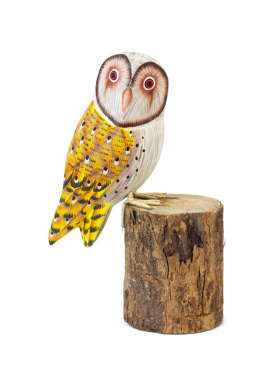 Wooden Hand Carved Yellow Barn Owl Standing on Log Statue Bird Figurine Sculpture Art Decorative Home Decor Accent Gift Handcrafted Decoration Handmade