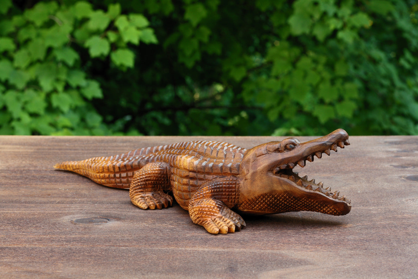 12" Wooden Hand Carved Crocodile Sculpture Statue Handcrafted Gift Decorative Home Decor Figurine Artwork Accent Decoration Handmade Wood Alligator