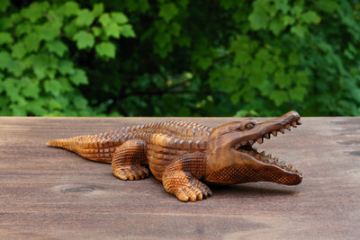 12" Wooden Hand Carved Crocodile Sculpture Statue Handcrafted Gift Decorative Home Decor Figurine Artwork Accent Decoration Handmade Wood Alligator
