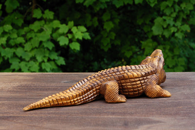 12" Wooden Hand Carved Crocodile Sculpture Statue Handcrafted Gift Decorative Home Decor Figurine Artwork Accent Decoration Handmade Wood Alligator