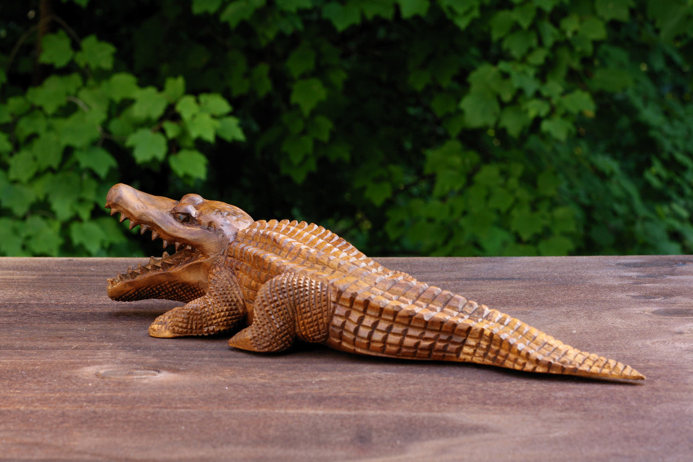 12" Wooden Hand Carved Crocodile Sculpture Statue Handcrafted Gift Decorative Home Decor Figurine Artwork Accent Decoration Handmade Wood Alligator