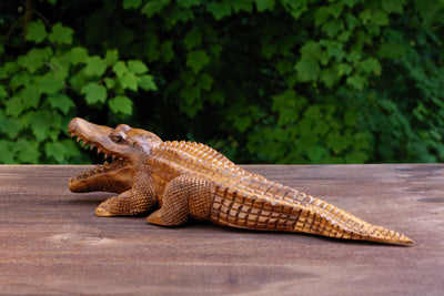 12" Wooden Hand Carved Crocodile Sculpture Statue Handcrafted Gift Decorative Home Decor Figurine Artwork Accent Decoration Handmade Wood Alligator