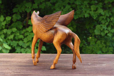 Wooden Hand Carved Horse Pegasus Art Figurine Statue Sculpture Handcrafted Handmade Decorative Home Decor Accent Decoration