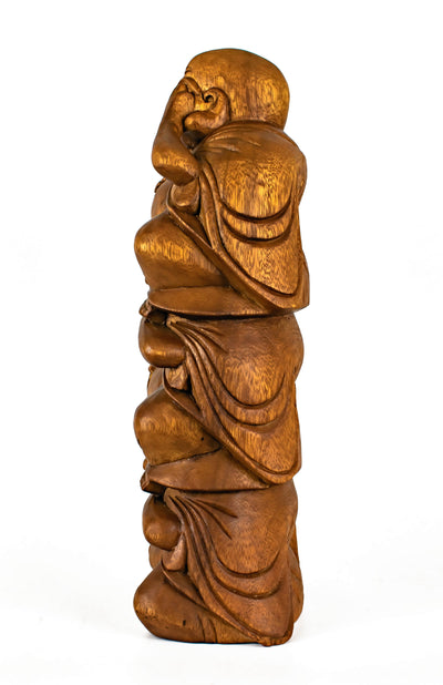 Wooden See Hear Speak No Evil Laughing Smiling Happy Buddha Figurines Handmade Statue Sitting Sculpture Home Decor Accent Hand Carved Handcrafted Art