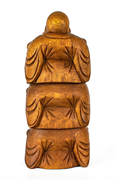 Wooden See Hear Speak No Evil Laughing Smiling Happy Buddha Figurines Handmade Statue Sitting Sculpture Home Decor Accent Hand Carved Handcrafted Art