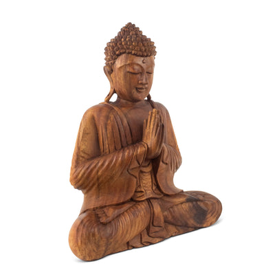 Wooden Serene Sitting Buddha "Anjali Mudra" Statue Handmade Meditating Sculpture Figurine Home Decor Accent Handcrafted Art Modern Oriental Decor