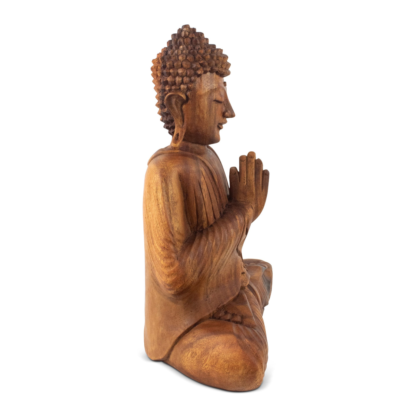 Wooden Serene Sitting Buddha "Anjali Mudra" Statue Handmade Meditating Sculpture Figurine Home Decor Accent Handcrafted Art Modern Oriental Decor