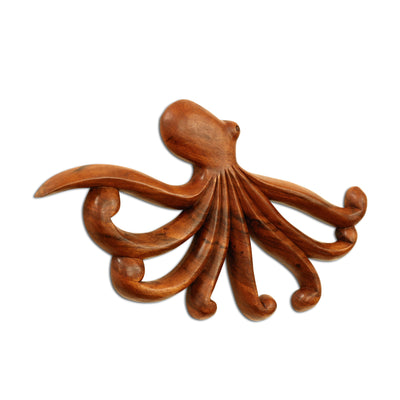 Wooden Octopus Wall Decor Plaque Hanging Sculpture Hand Carved Home Accent Handcrafted Handmade Seaside Tropical Nautical Ocean Coastal Wood