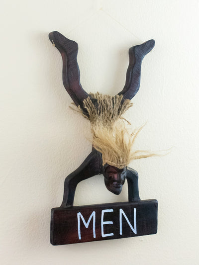 Wooden Handmade Primitive Tribal Statue Men Bathroom Restroom Sign Wall Hanging Sculpture Tiki Bar Handcrafted Unique Gift Decor Figurine Hand Carved