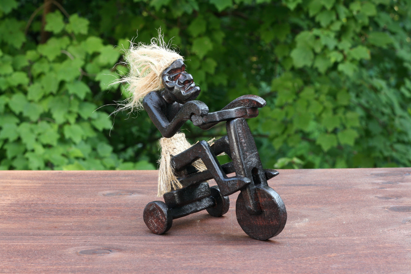 Handmade Wooden Primitive Tribal Riding Tricycle Statue Sculpture Tiki Bar Unique Gift Wood Home Decor Figurine Hand Carved