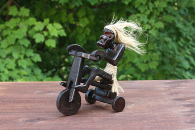 Handmade Wooden Primitive Tribal Riding Tricycle Statue Sculpture Tiki Bar Unique Gift Wood Home Decor Figurine Hand Carved