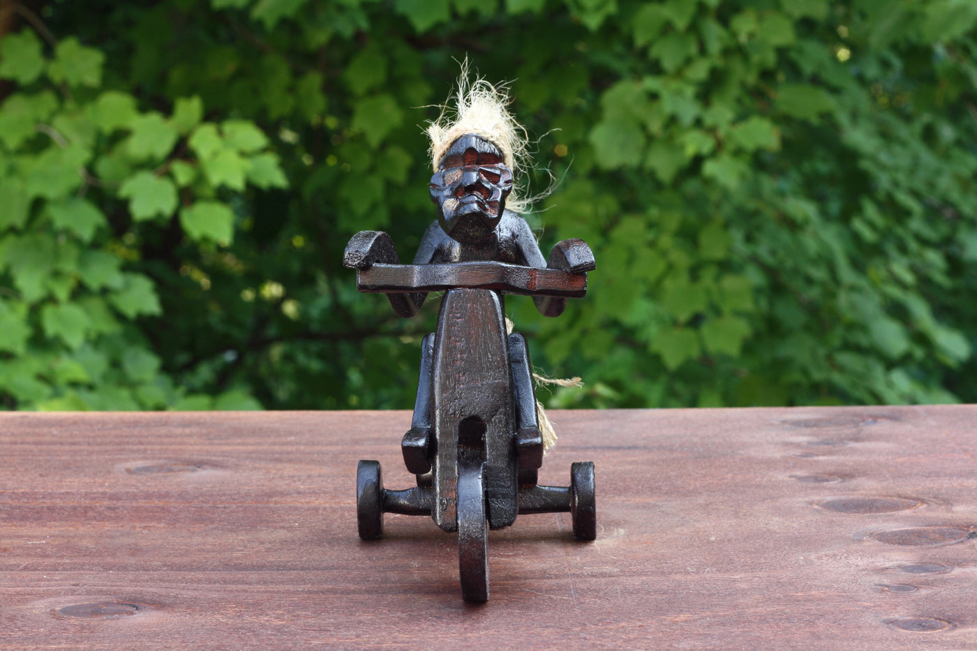 Handmade Wooden Primitive Tribal Riding Tricycle Statue Sculpture Tiki Bar Unique Gift Wood Home Decor Figurine Hand Carved