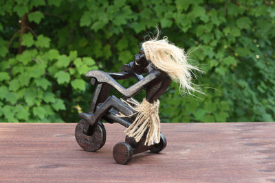 Handmade Wooden Primitive Tribal Riding Tricycle Statue Sculpture Tiki Bar Unique Gift Wood Home Decor Figurine Hand Carved