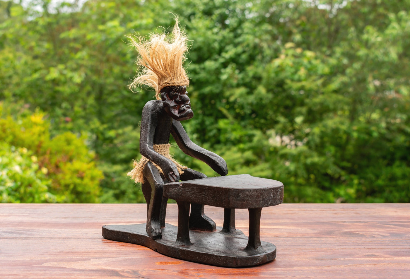 Handmade Wooden Primitive Tribal Funny Statue Playing Piano Sculpture Tiki Bar Handcrafted Unique Gift Art Home Decor Accent Figurine Hand Carved
