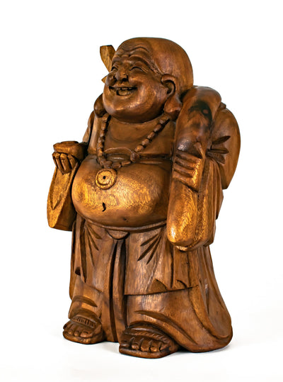 Wooden Traveling Happy Buddha Statue Hand Carved Smiling Sculpture Handmade Figurine Decorative Home Decor Wood Accent Handcrafted Art Decoration