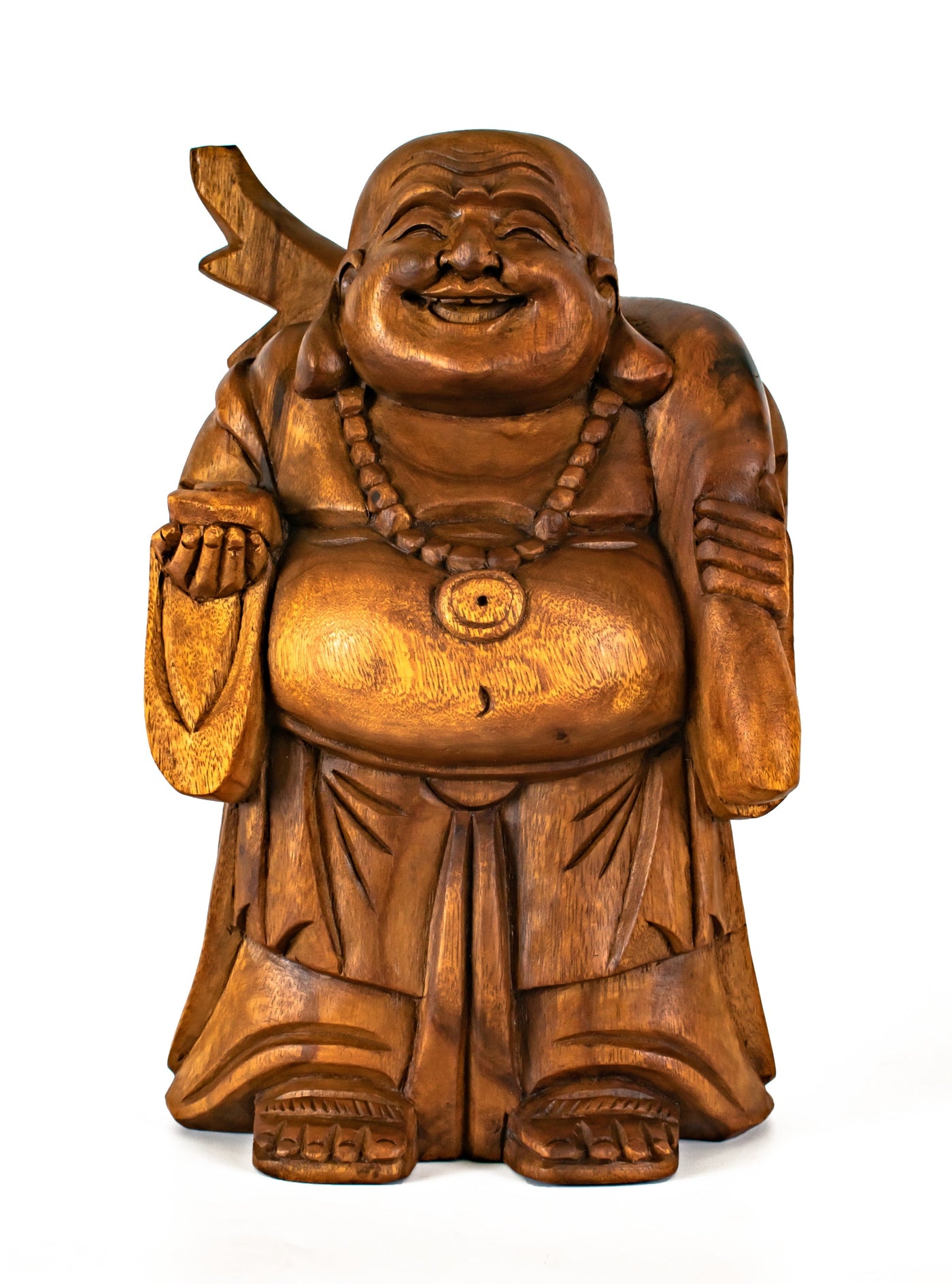 Wooden Traveling Happy Buddha Statue Hand Carved Smiling Sculpture Handmade Figurine Decorative Home Decor Wood Accent Handcrafted Art Decoration
