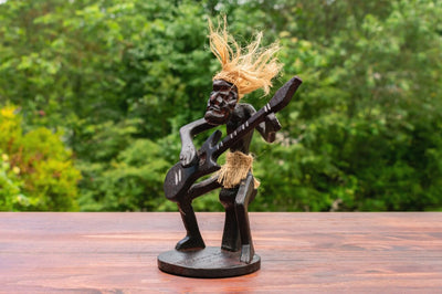 Handmade Wooden Primitive Guitarist Tribal Funny Statue Sculpture Tiki Bar Handcrafted Gift Decor Figurine Hand Carved (Playing Guitar Sitting Down)