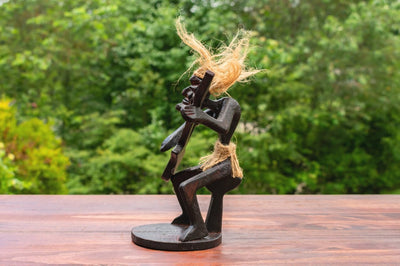 Handmade Wooden Primitive Guitarist Tribal Funny Statue Sculpture Tiki Bar Handcrafted Gift Decor Figurine Hand Carved (Playing Guitar Sitting Down)
