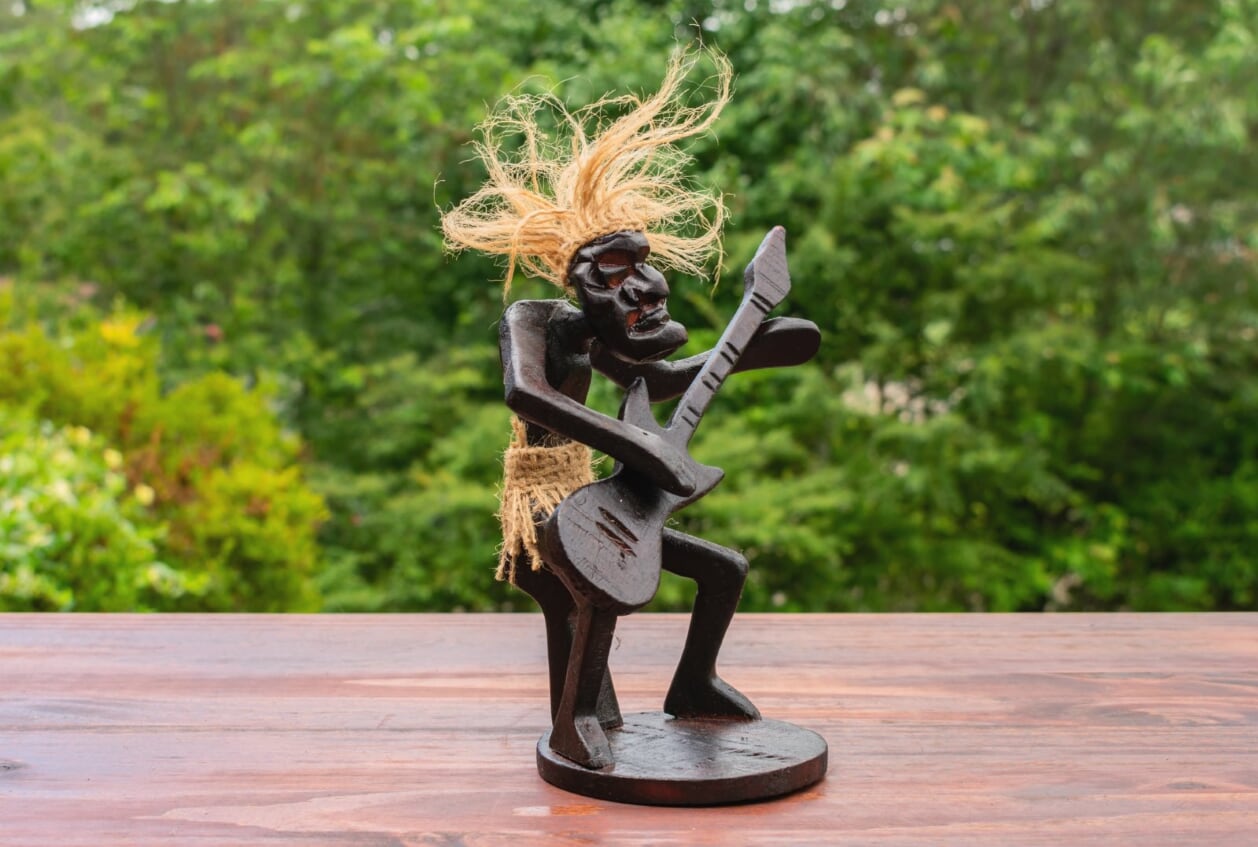 Handmade Wooden Primitive Guitarist Tribal Funny Statue Sculpture Tiki Bar Handcrafted Gift Decor Figurine Hand Carved (Playing Guitar Sitting Down)