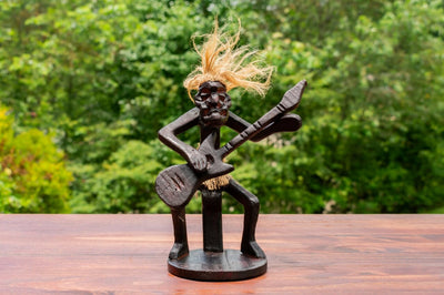 Handmade Wooden Primitive Guitarist Tribal Funny Statue Sculpture Tiki Bar Handcrafted Gift Decor Figurine Hand Carved (Playing Guitar Sitting Down)