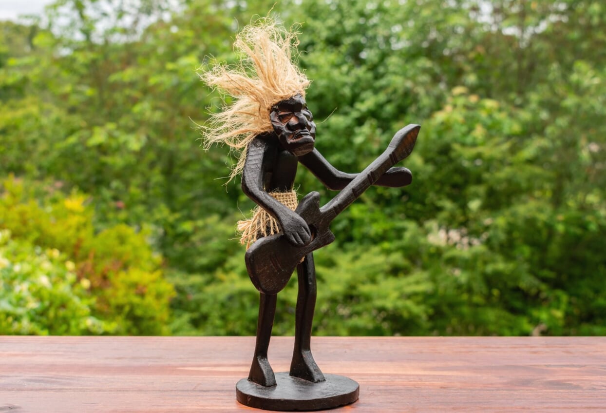 Handmade Wooden Primitive Guitarist Tribal Funny Statue Sculpture Tiki Bar Handcrafted Unique Gift Home Decor Accent Figurine Decoration Hand Carved (Playing Guitar Standing Up)