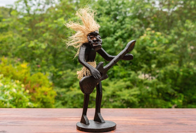 Handmade Wooden Primitive Guitarist Tribal Funny Statue Sculpture Tiki Bar Handcrafted Unique Gift Home Decor Accent Figurine Decoration Hand Carved (Playing Guitar Standing Up)