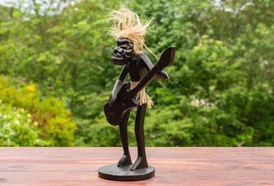 Handmade Wooden Primitive Guitarist Tribal Funny Statue Sculpture Tiki Bar Handcrafted Gift Decor Figurine Hand Carved (Playing Guitar Standing Up)