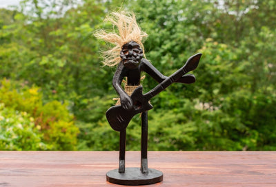 Handmade Wooden Primitive Guitarist Tribal Funny Statue Sculpture Tiki Bar Handcrafted Gift Decor Figurine Hand Carved (Playing Guitar Standing Up)