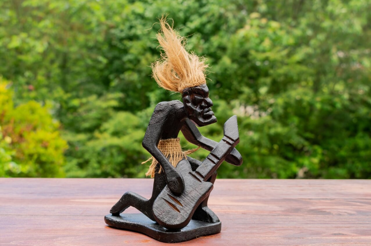 Handmade Wooden Primitive Guitarist Tribal Funny Statue Sculpture Tiki Bar Handcrafted Unique Gift Home Decor Accent Figurine Decoration Hand Carved (Playing Guitar Kneeling)