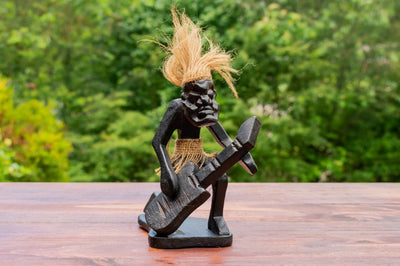 Handmade Wooden Primitive Guitarist Tribal Funny Statue Sculpture Tiki Bar Handcrafted Wood Gift Decor Figurine Hand Carved (Playing Guitar Kneeling)