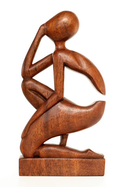 12" Abstract Sculpture Wooden Handmade Handcrafted Art - The Thinker - Home Decor Decorative Figurine Accent Decoration Hand Carved Thinking Man Statue