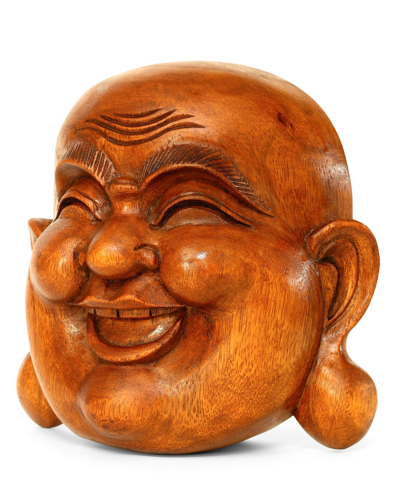 Wooden Wall Mask Laughing Smiling Happy Buddha Head Statue Hand Carved Stand Alone Sculpture Handmade Figurine Decor Handcrafted Art Wall Hanging