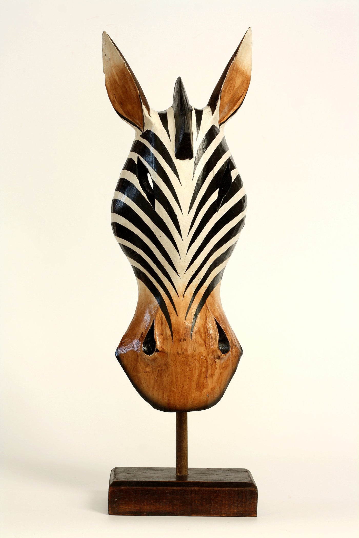 20" Wooden Tribal Striped Zebra Mask with Stand Hand Carved Home Decor Accent Art Unique Sculpture Decoration Handmade Handcrafted Mask Stand Alone