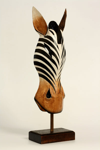 20" Wooden Tribal Striped Zebra Mask with Stand Hand Carved Home Decor Accent Art Unique Sculpture Decoration Handmade Handcrafted Mask Stand Alone