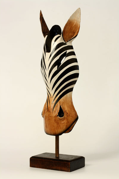 20" Wooden Tribal Striped Zebra Mask with Stand Hand Carved Home Decor Accent Art Unique Sculpture Decoration Handmade Handcrafted Mask Stand Alone