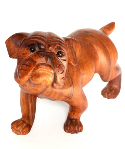 Wooden Hand Carved Walking Bulldog Statue Figurine Sculpture Art Rustic Home Decor Accent Handmade Handcrafted Wood Gift Dog Artwork