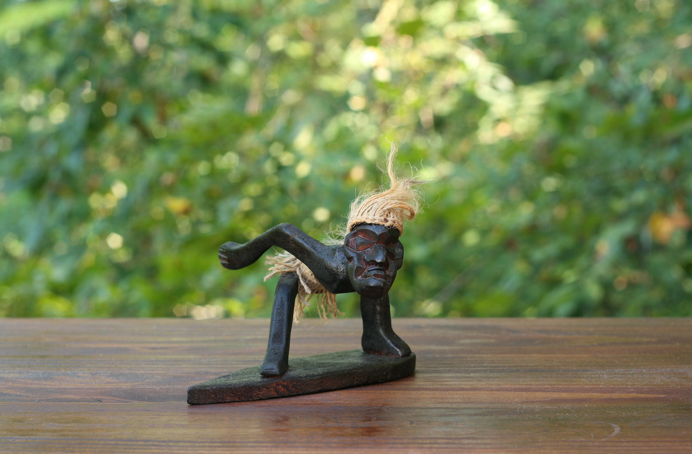 Handmade Wooden Primitive Tribal Funny Statue Surfing Sculpture Tiki Bar Figurine Hand Carved Surf