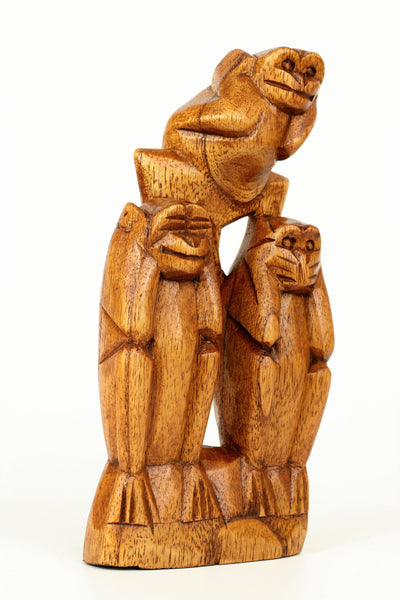 Wooden Hand Carved 3 Standing Monkeys See, Hear, Speak No Evil Figurines Handmade Art Statue Rustic Sculpture Home Decor Accent Handcrafted