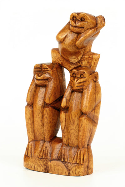 Wooden Hand Carved 3 Standing Monkeys See, Hear, Speak No Evil Figurines Handmade Art Statue Rustic Sculpture Home Decor Accent Handcrafted