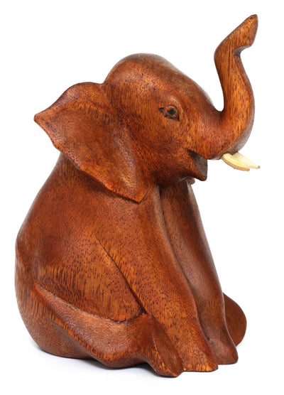 Wooden Hand Carved Sitting Elephant Statue Figurine Sculpture Art Decorative Rustic Home Decor Accent Handmade Handcrafted Decoration Wood