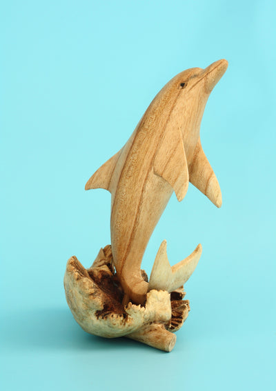Wooden Hand Carved Single Dolphin Statue Sculpture Wood Decor Fish Figurine Handcrafted Handmade Seaside Tropical Nautical Ocean Coastal Decoration