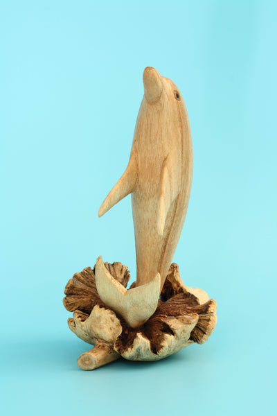 Wooden Hand Carved Single Dolphin Statue Sculpture Wood Decor Fish Figurine Handcrafted Handmade Seaside Tropical Nautical Ocean Coastal Decoration