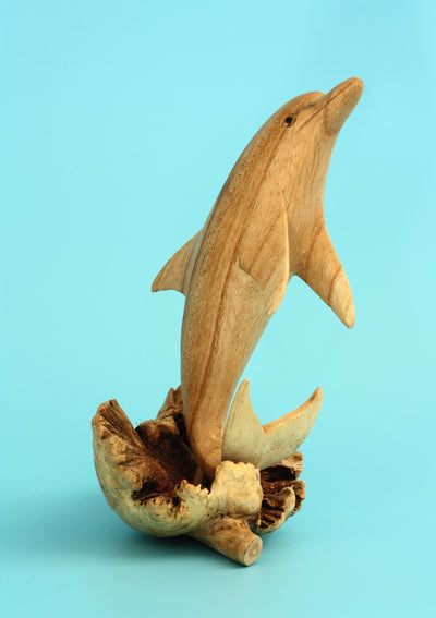 Wooden Hand Carved Single Dolphin Statue Sculpture Wood Decorative Home Decor Accent Figurine Handcrafted Handmade Seaside Tropical Nautical Ocean Coastal Decoration