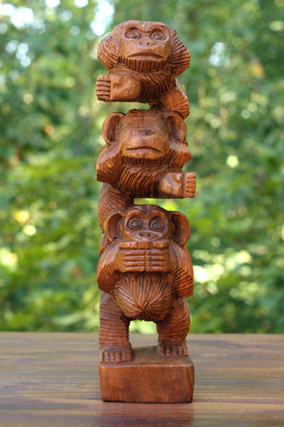 Wooden Hand Carved Stacked 3 Monkeys See, Hear, Speak No Evil Figurines Handmade Art Rustic Sculpture Decorative Home Decor Accent Handcrafted Wood Decoration Three Monkeys Statue