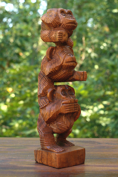 Wooden Hand Carved Stacked 3 Monkeys See, Hear, Speak No Evil Figurines Handmade Sculpture Home Decor Accent Handcrafted Wood Three Monkeys Statue