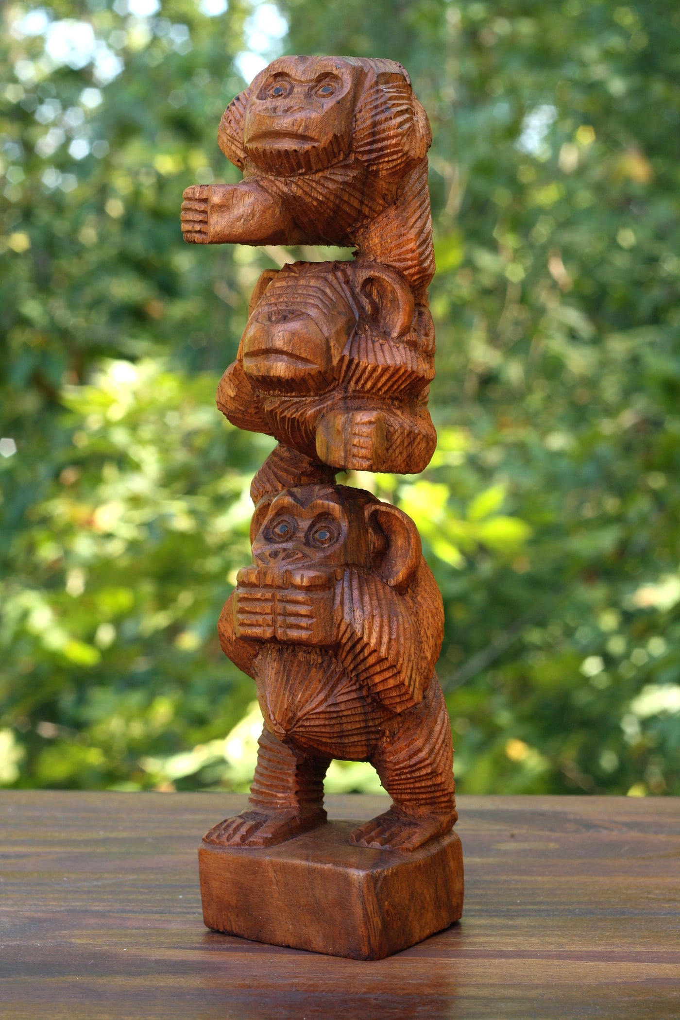 Wooden Hand Carved Stacked 3 Monkeys See, Hear, Speak No Evil Figurines Handmade Sculpture Home Decor Accent Handcrafted Wood Three Monkeys Statue